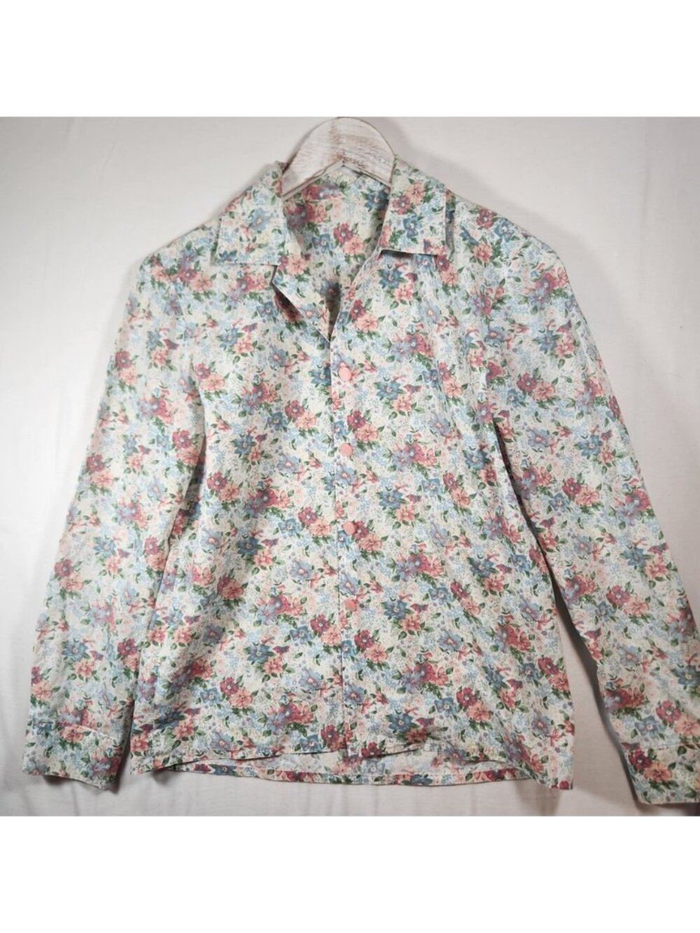 50s Vintage Handmade Floral Button Down Shirt Long Sleeve Pink Blue Blouse